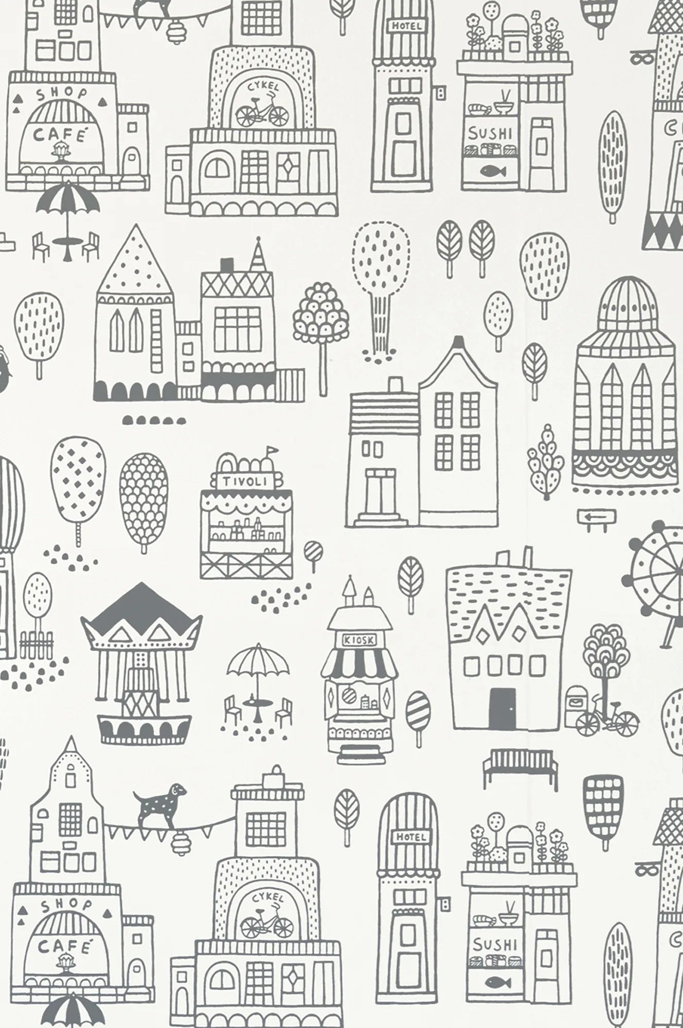 Majvillan Little town black behang sfeerbeeld kinderkamer detail