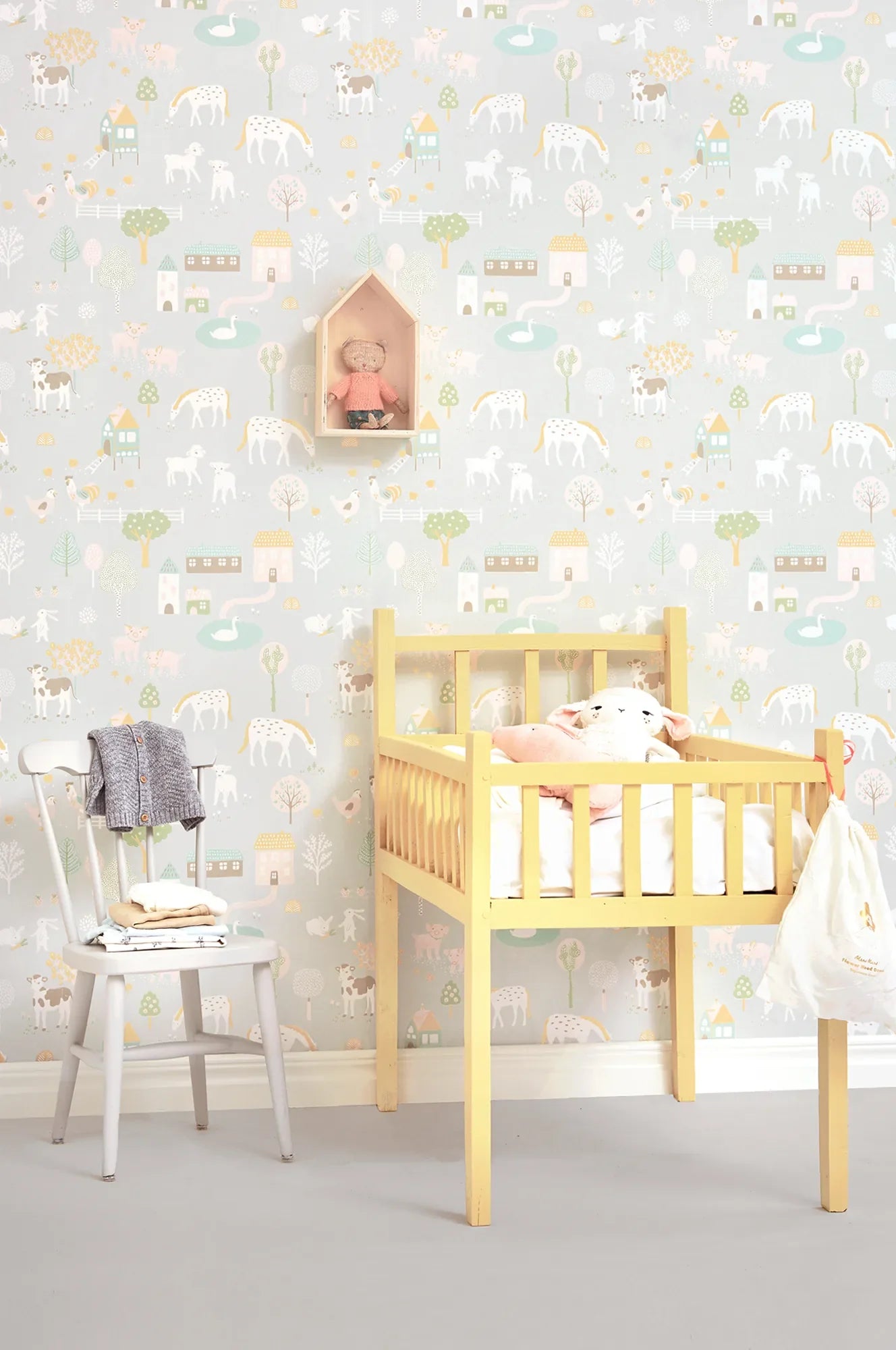 Majvillan My Farm soft grey behang sfeerbeeld kinderkamer detail