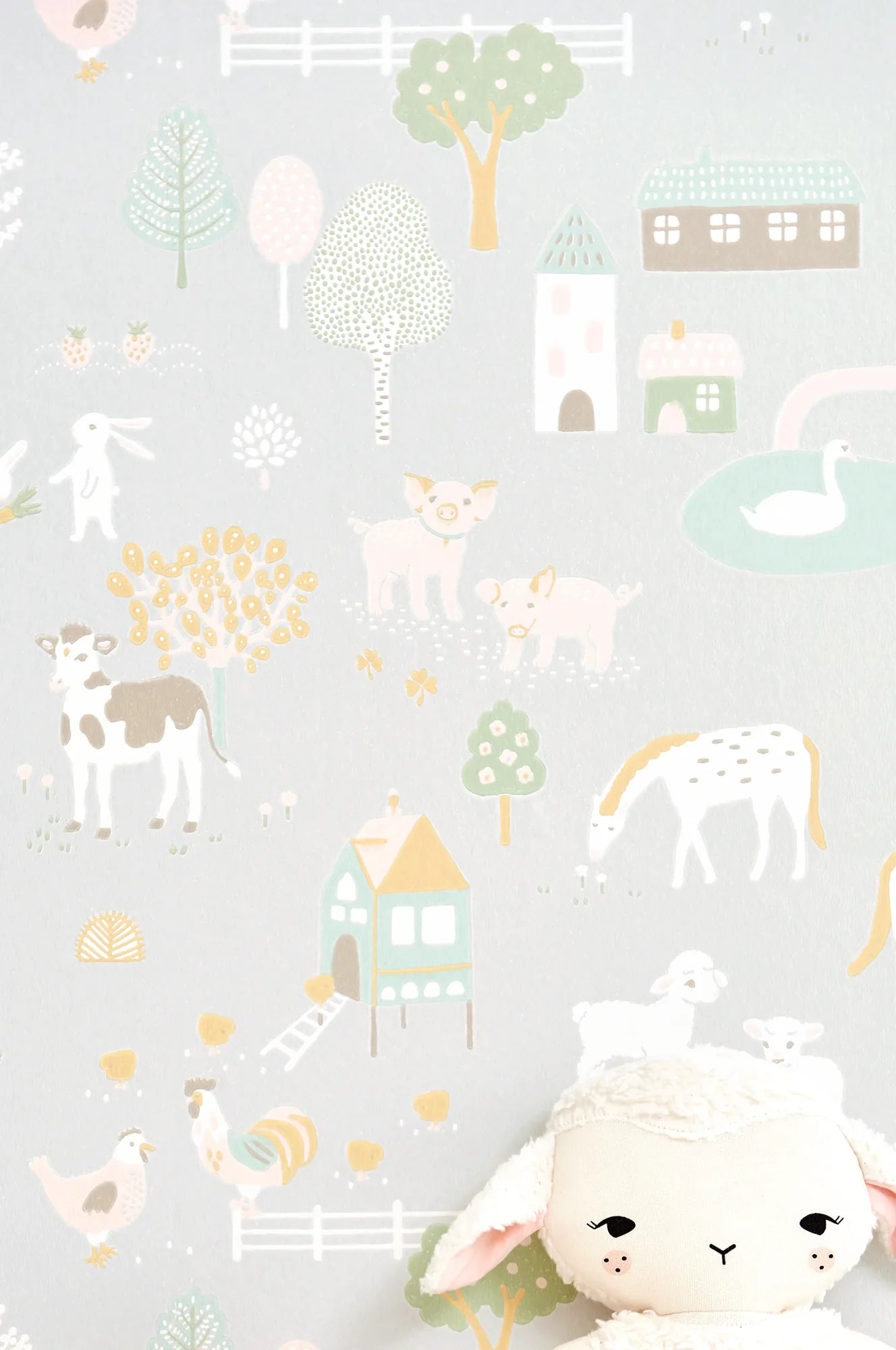 Majvillan My Farm soft grey behang sfeerbeeld kinderkamer detail