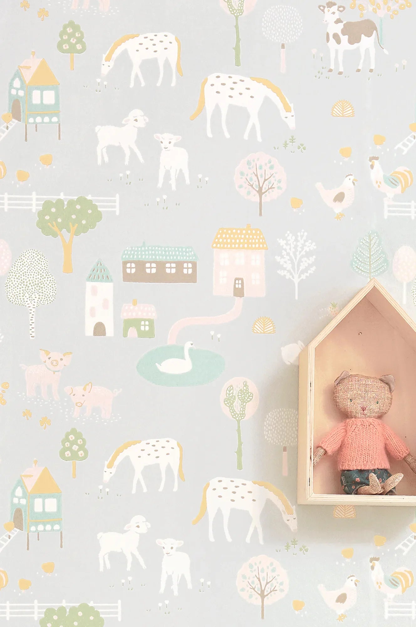 Majvillan My Farm soft grey behang sfeerbeeld kinderkamer detail