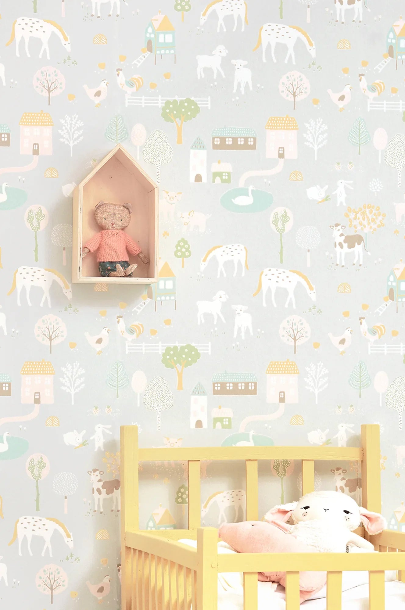 Majvillan My Farm soft grey behang sfeerbeeld kinderkamer detail