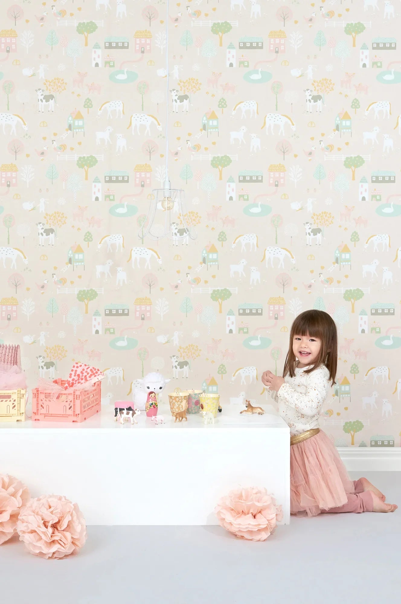 Majvillan My Farm soft pink behang sfeerbeeld kinderkamer detail