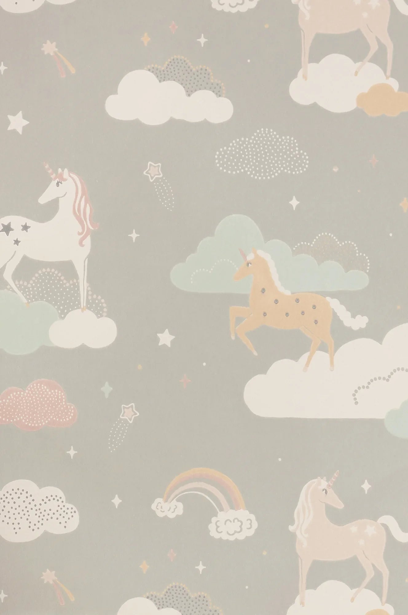 Majvillan Rainbow treasures mud grey behang sfeerbeeld kinderkamer detail