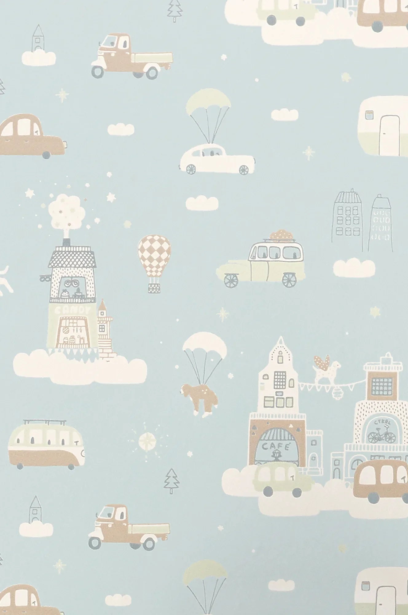 Majvillan Above the clouds soft blue behang sfeerbeeld kinderkamer detail