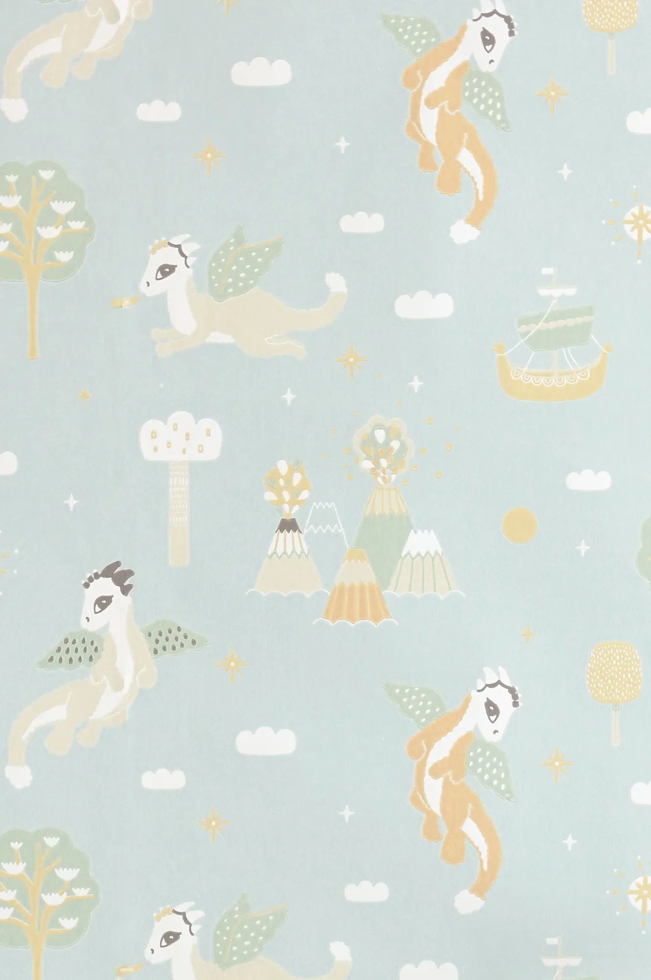 Majvillan Magical adventure dusty blue behang sfeerbeeld kinderkamer detail