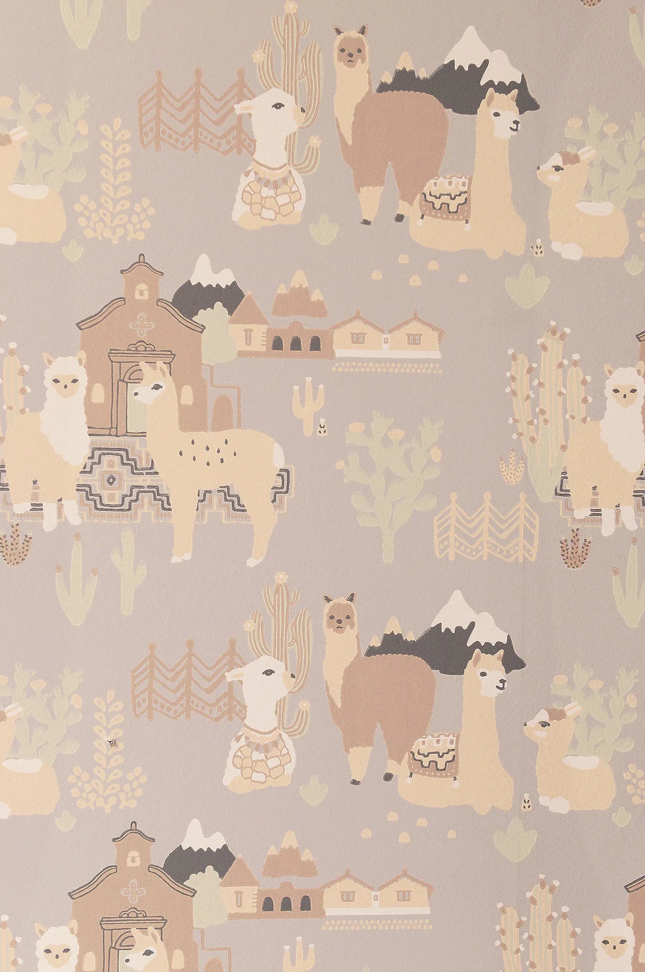 Majvillan Lama Village soft grey behang sfeerbeeld kinderkamer detail