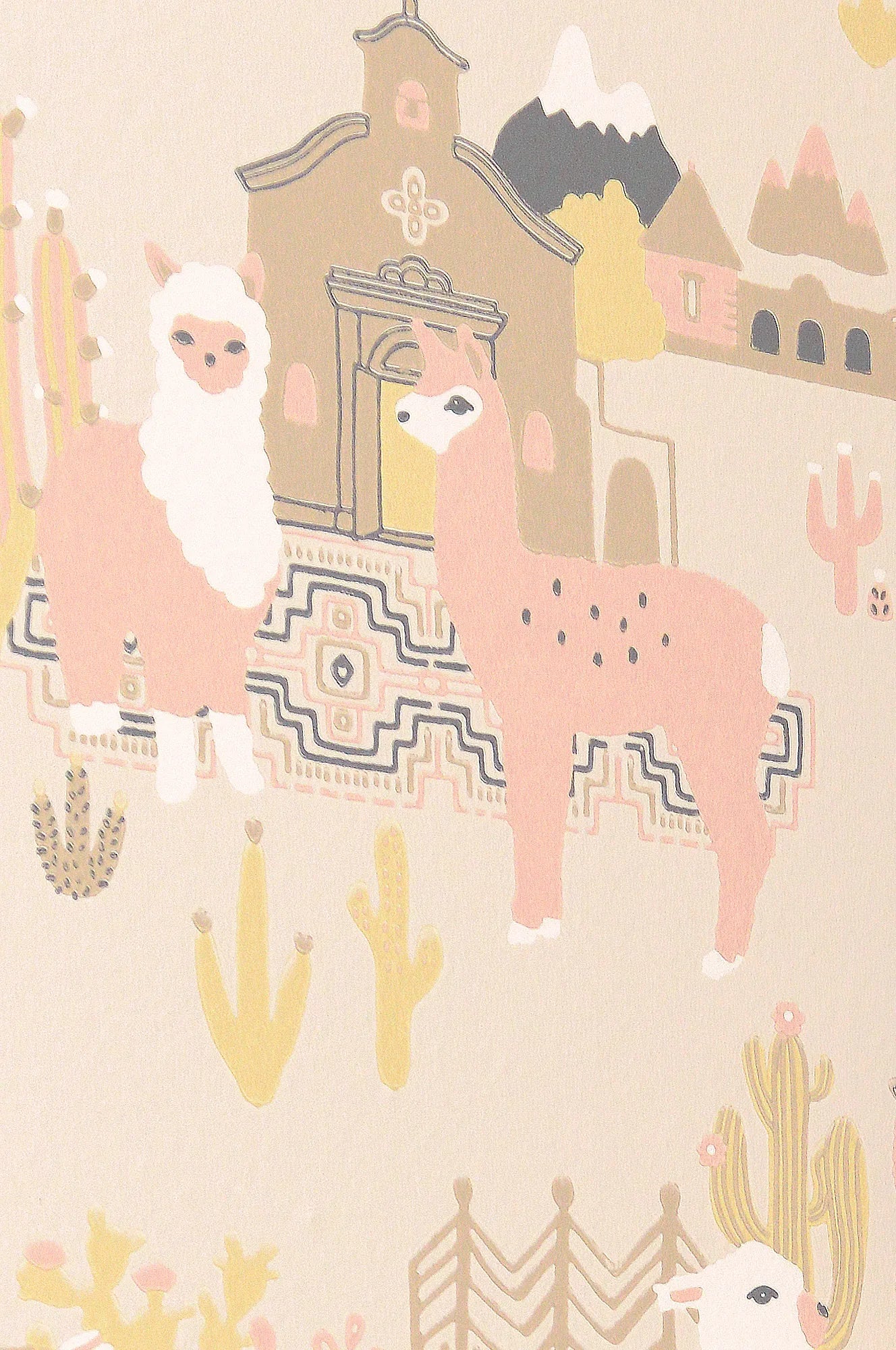 Majvillan Lama Village light sunny pink behang sfeerbeeld kinderkamer detail