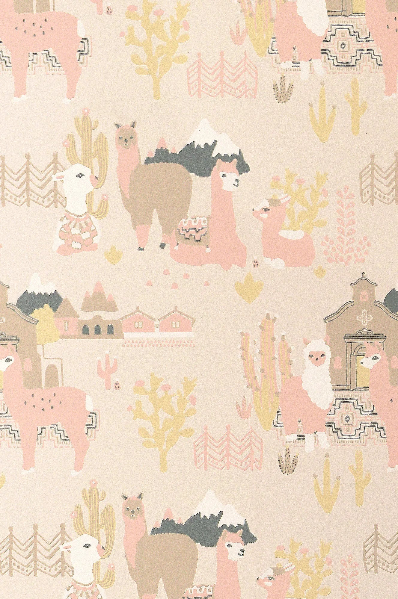 Majvillan Lama Village light sunny pink behang sfeerbeeld kinderkamer detail