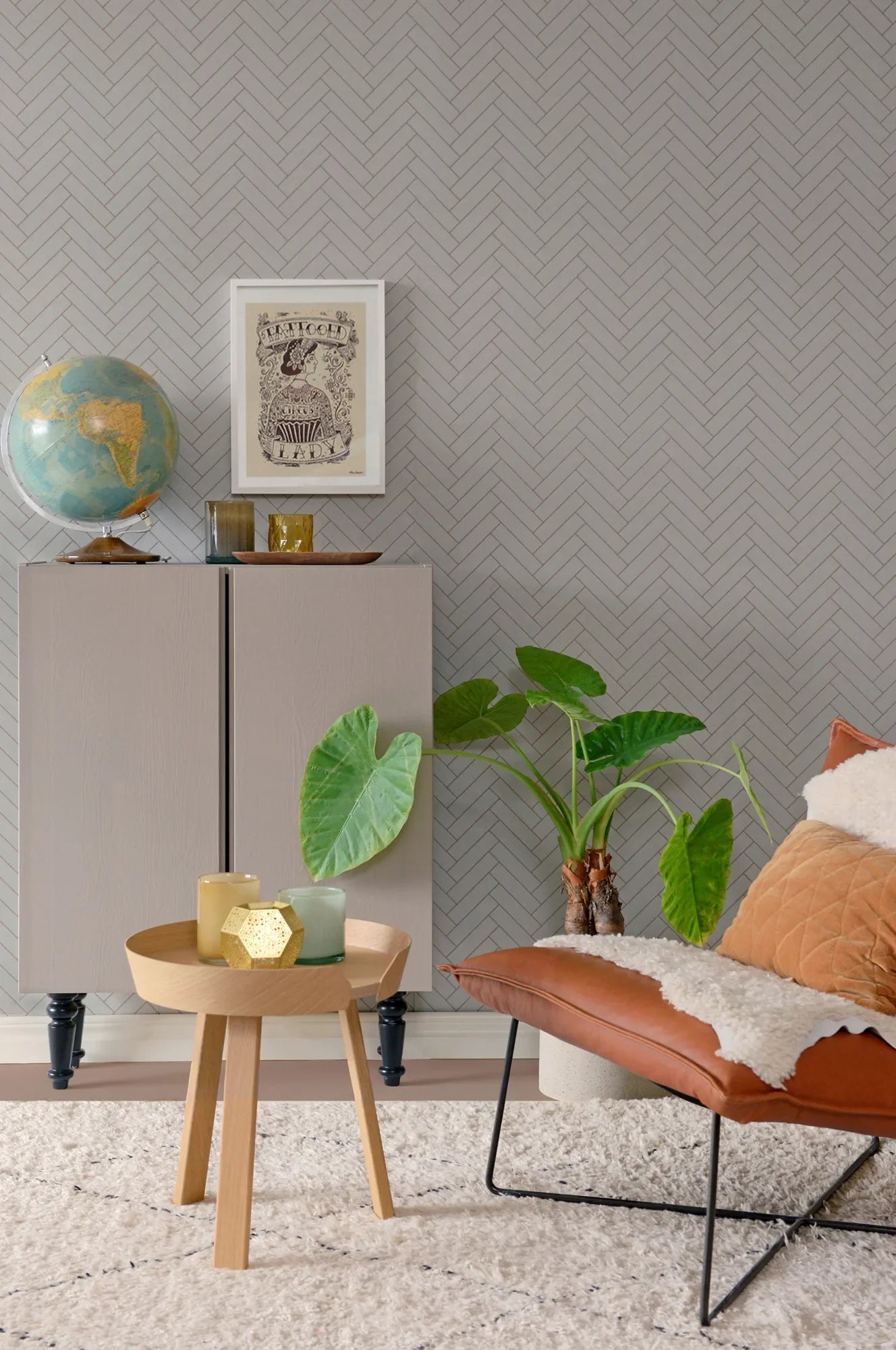 Majvillan Herringbone greige blue behang sfeerbeeld kinderkamer detail
