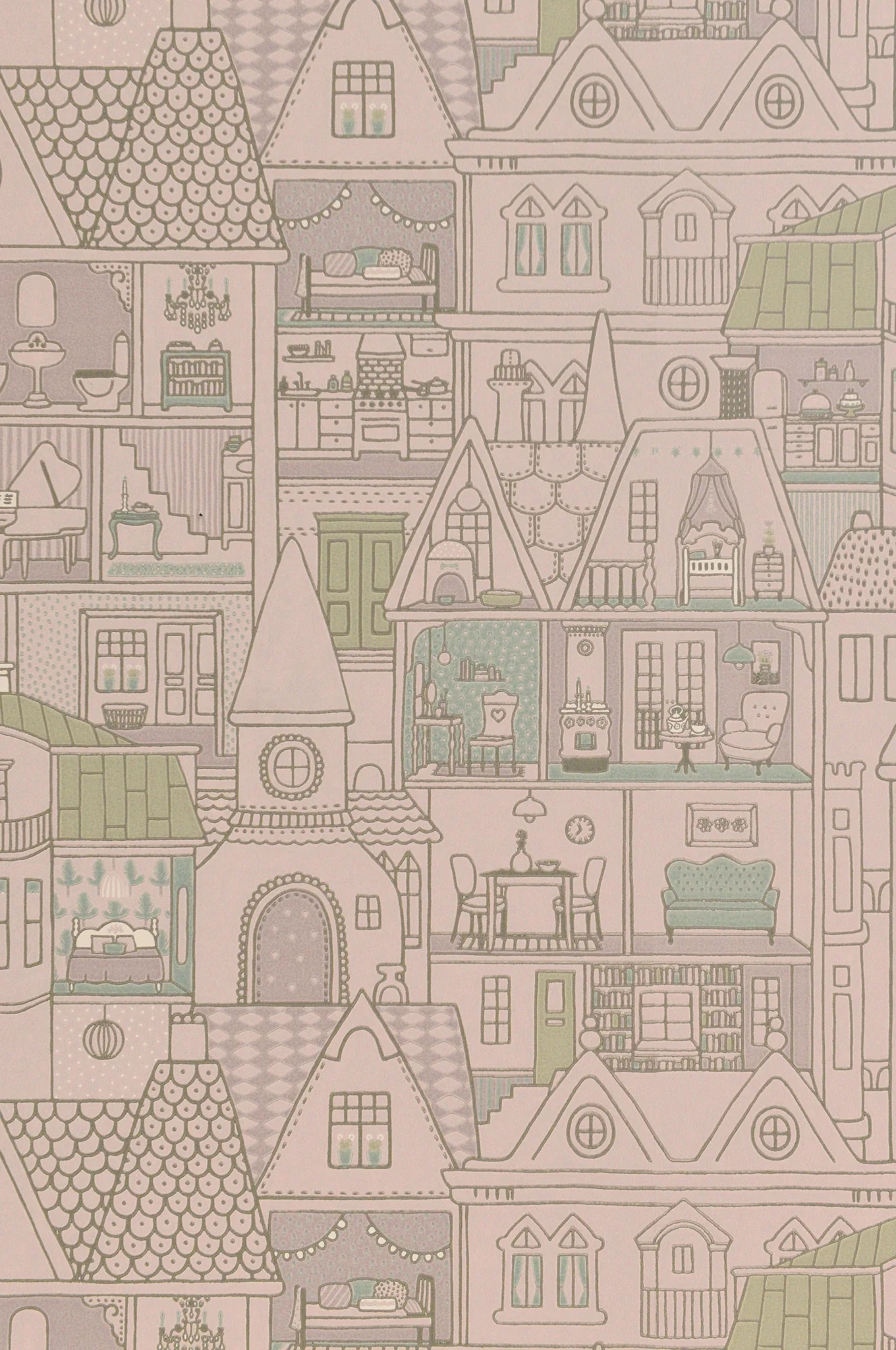 Majvillan Dollhouse soft lilac behang sfeerbeeld kinderkamer detail