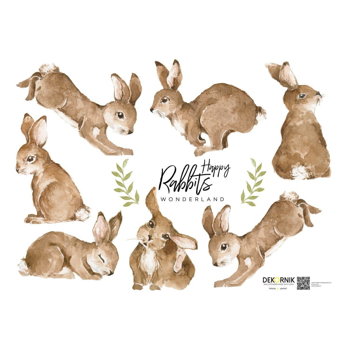 Dekornik muursticker Happy Rabbits Wonderland Set met 7 vrolijke konijntjes in zachte tinten op een witte kinderkamermuur