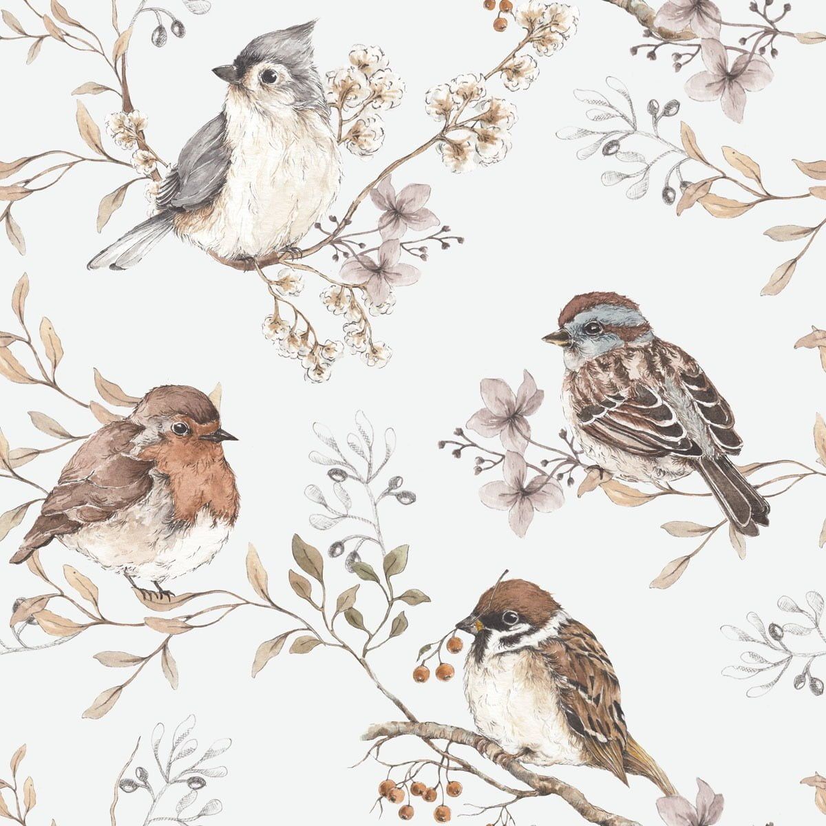 Dekornik Birds White-grey Behang — Een subtiel behang met vogeltjes en takjes in wit en grijs, perfect voor een rustige, tijdloze kinderkamer. Detailopname van het patroon en de kleuren.