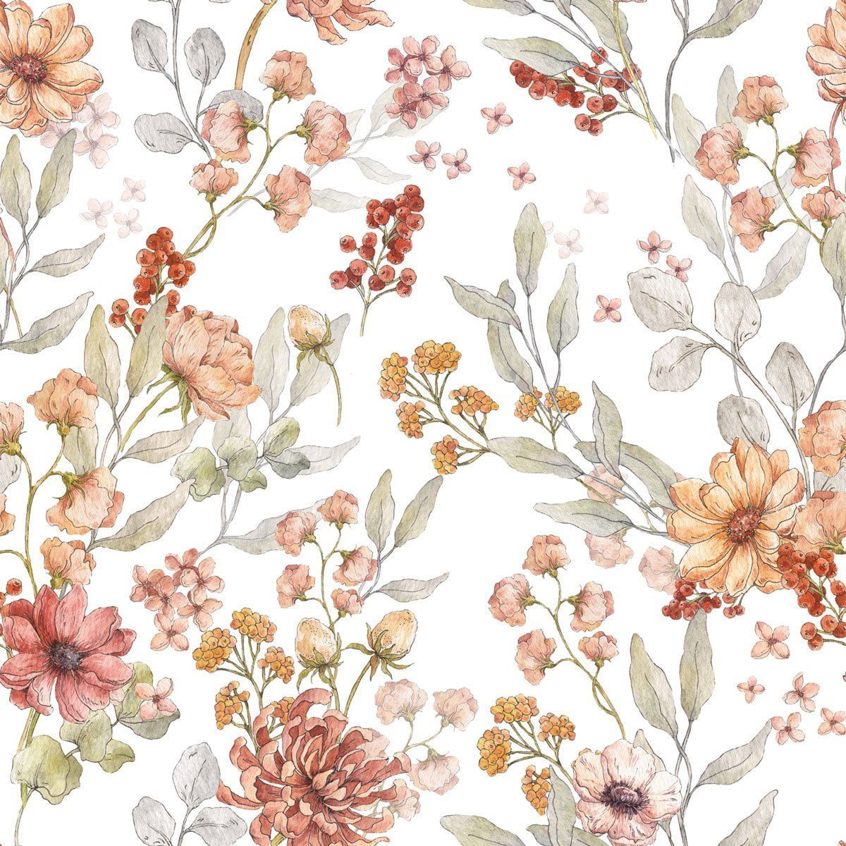 Dekornik Behang Autumn Meadow White — Een licht behang met een herfstig weidemotief van grassprieten, bladeren en kleine diertjes op een witte achtergrond, perfect voor een rustige, natuurlijke kinderkamer. Detailopname van het patroon en de kleuren.