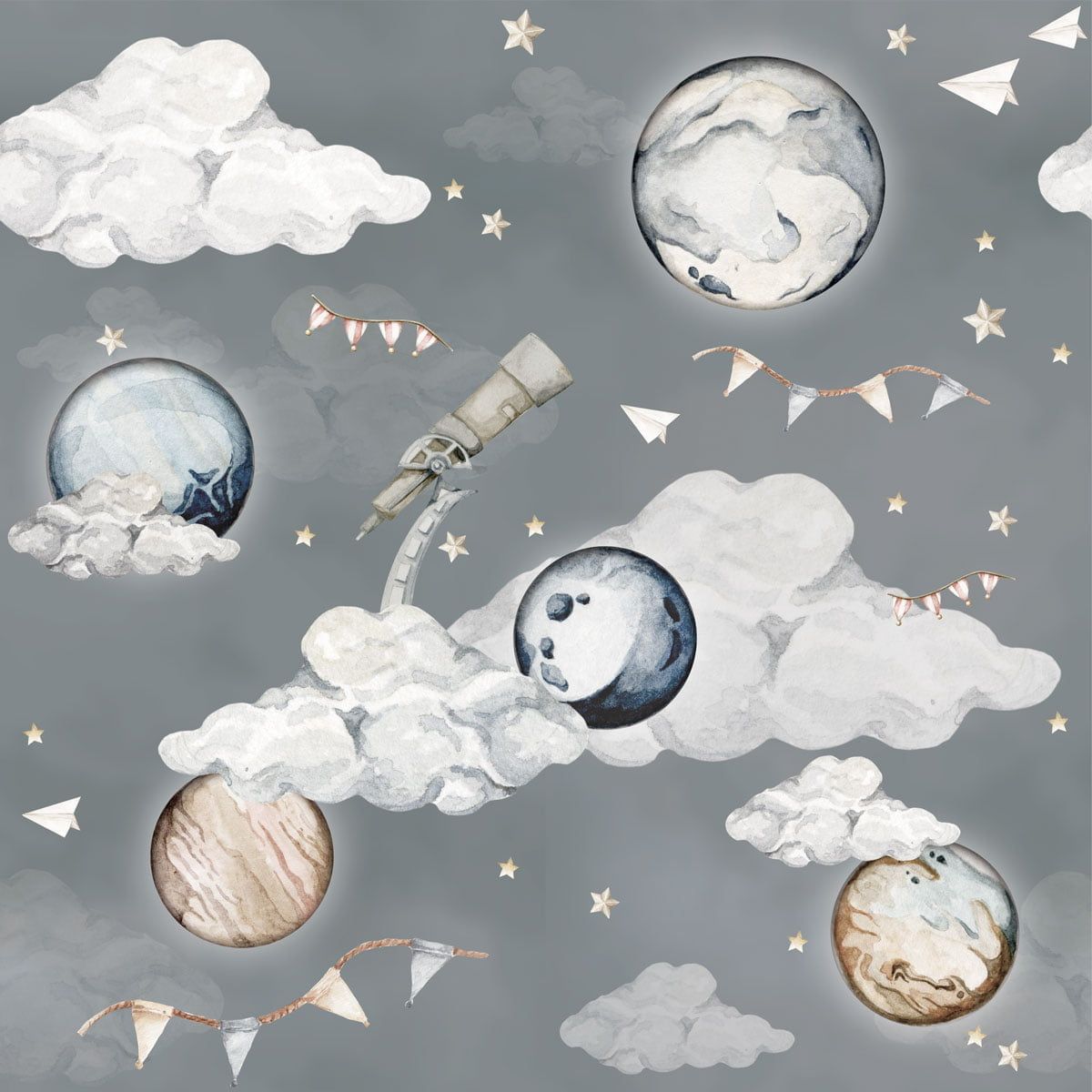 Dekornik Magic Planets Behang kinderkamer behang — Scandinavisch design in zachte kleuren voor babykamer en kinderkamer