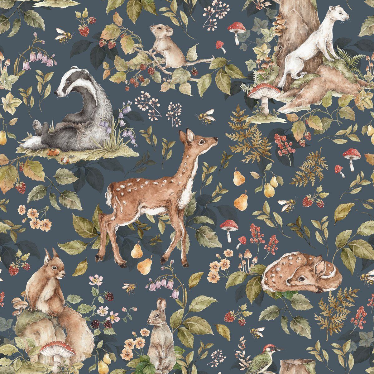 Dekornik Cute Forest Animals Dark Behang — Een sfeervol behang met schattige bosdieren op een donkere achtergrond, perfect voor een warme, knusse kinderkamer. Detailopname van het patroon en de kleuren.
