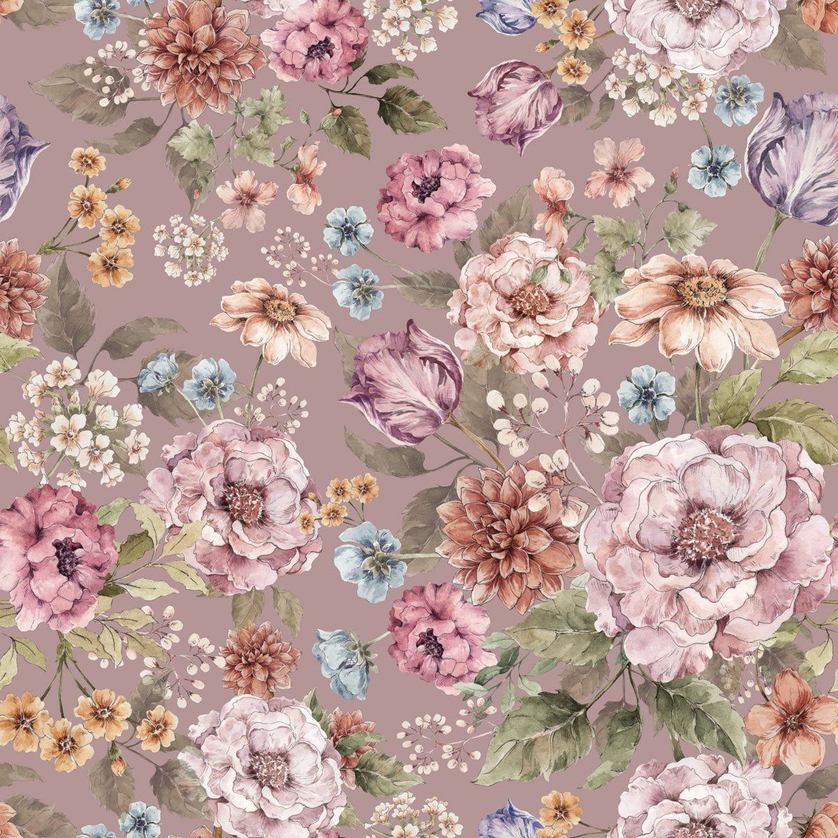 Dekornik Bouquet Of Flowers Lilac Behang — Een romantisch behang met boeketten bloemen in lila en zachte pasteltinten, perfect voor een dromerige, botanische kinderkamer. Detailopname van het patroon en de kleuren.
