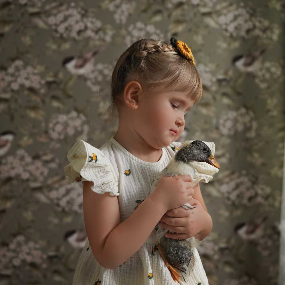 Dekornik Birds And Green Spring Behang — Een frisse behang met vogeltjes tussen lentebloesem in groene tinten, perfect voor een vrolijke, lichte kinderkamer. Sfeerbeeld van het behang in een ingerichte kinderkamer.