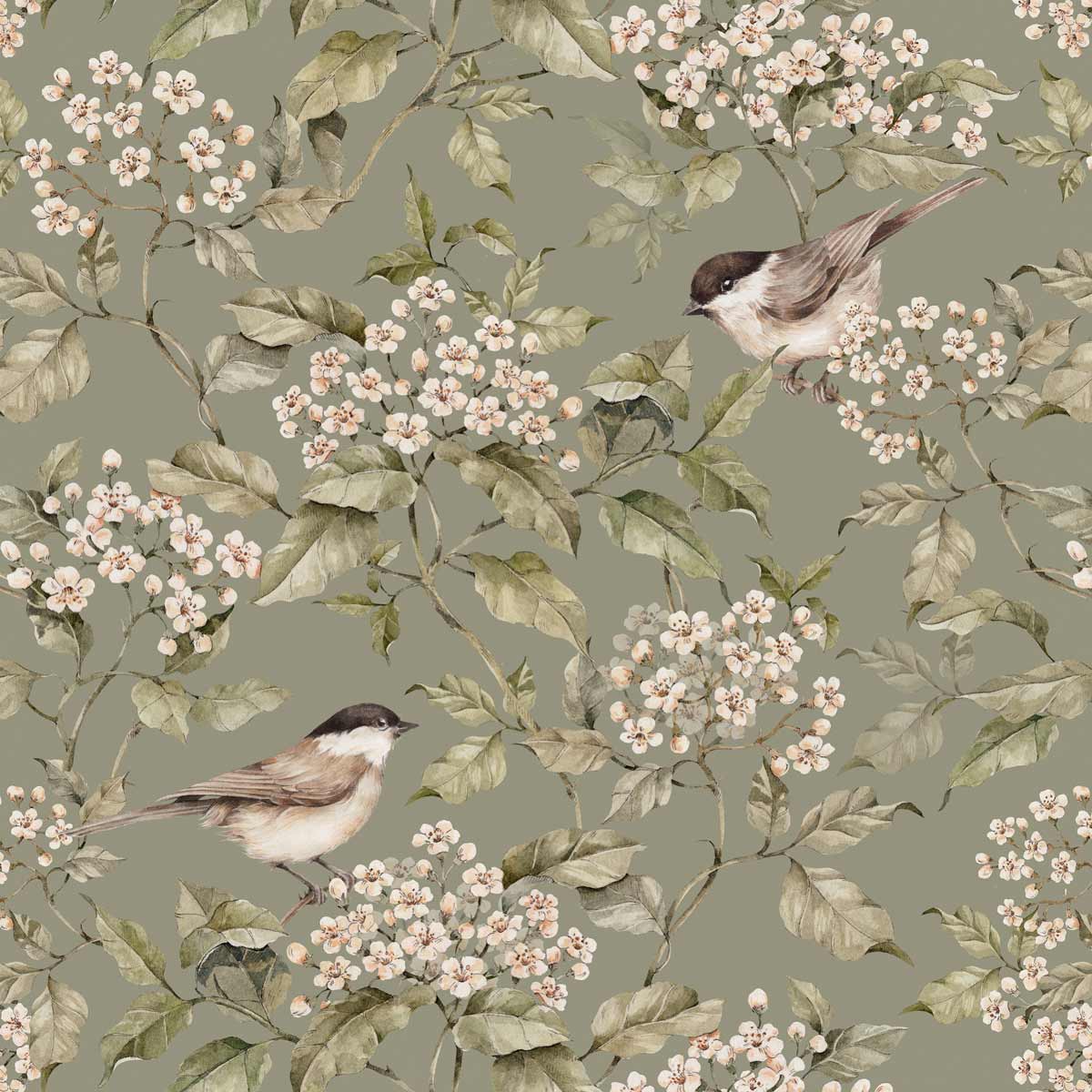 Dekornik Birds And Green Spring Behang — Een frisse behang met vogeltjes tussen lentebloesem in groene tinten, perfect voor een vrolijke, lichte kinderkamer. Detailopname van het patroon en de kleuren.