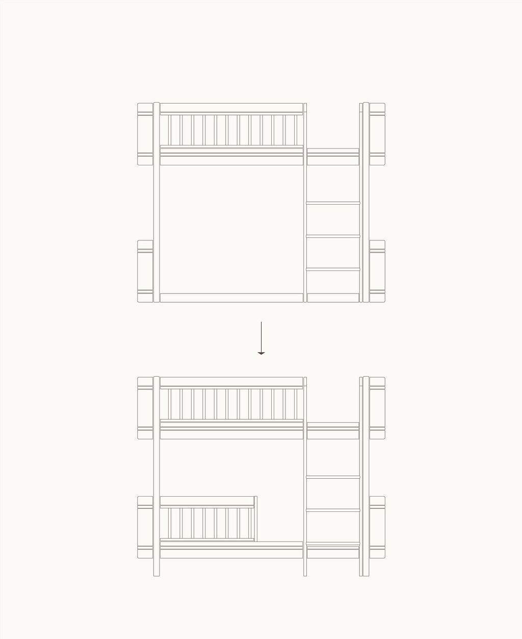Mini+ low loft bed to low bunk bed, oak