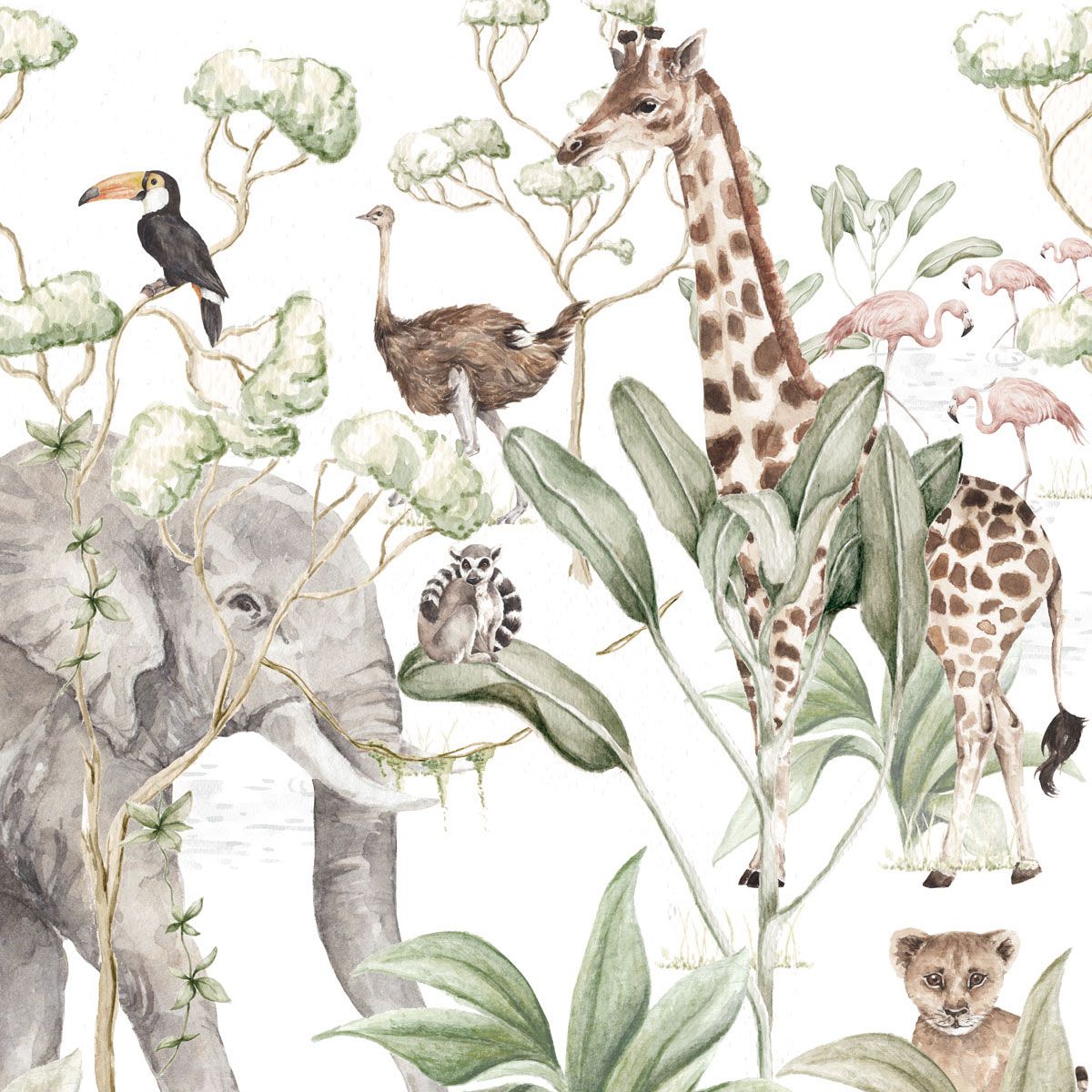 Dekornik Savanna Behang — Een speels behang met savanne-diertjes zoals giraffen, leeuwen en olifanten tussen gras en bomen, in warme zandtinten, perfect voor een avontuurlijke kinderkamer. Detailopname van het patroon en de kleuren.