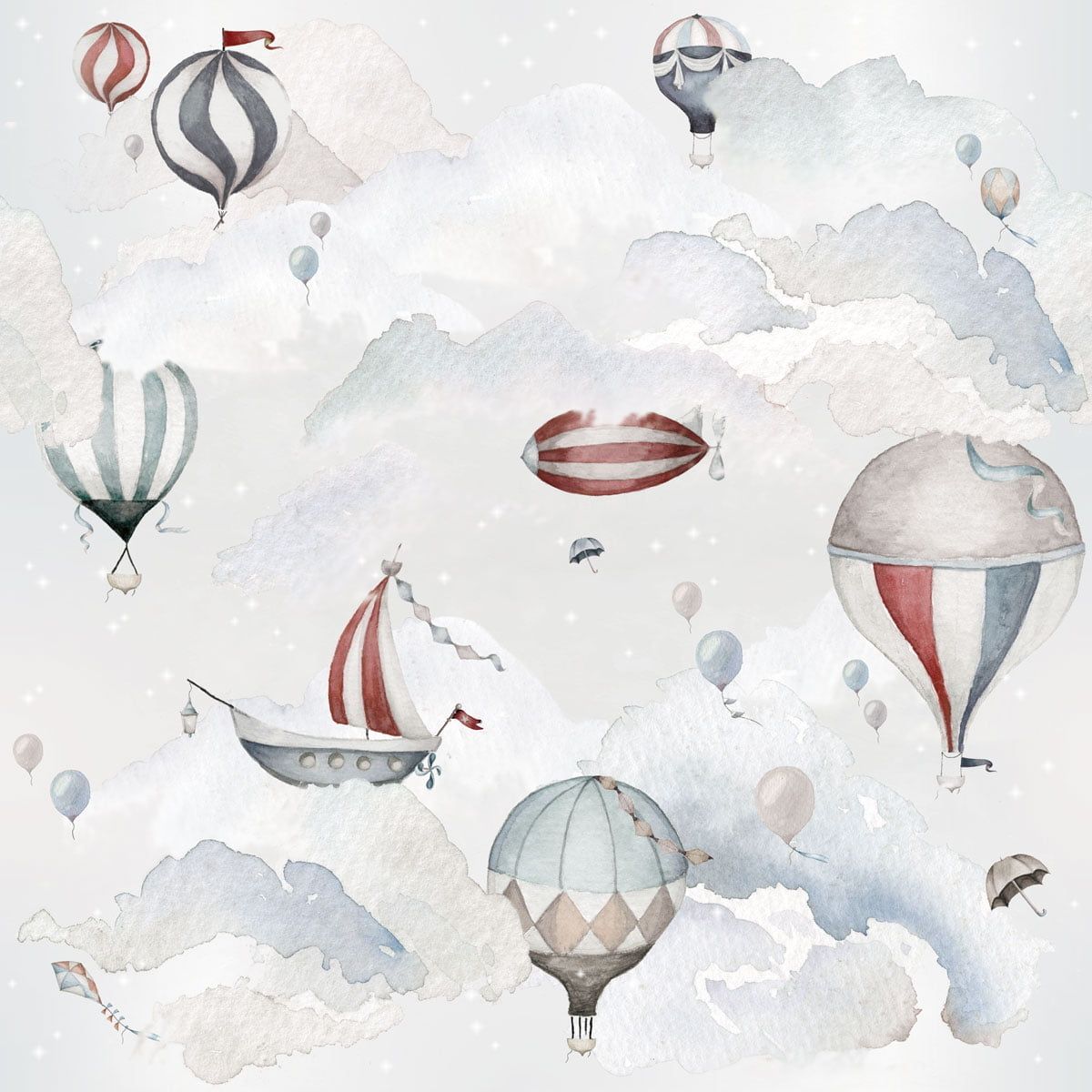Dekornik Behang Balloons Adventure — Een avontuurlijk behang met kleurrijke luchtballonnen die over wolken en heuvels zweven, perfect voor een speelse, dromerige kinderkamer. Detailopname van het patroon en de kleuren.