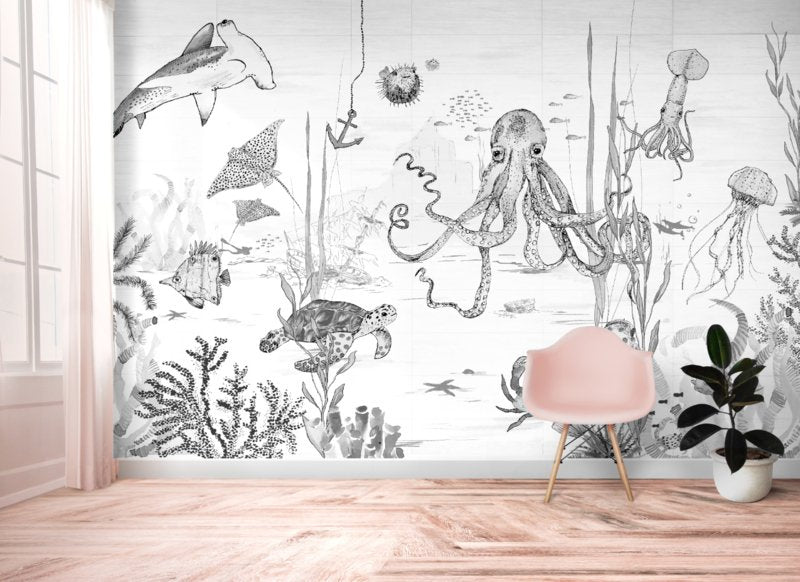 Mural Underwater Wonders  Black White