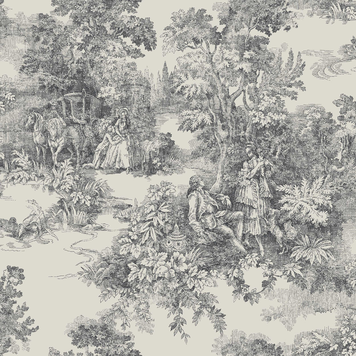 Boråstapeter Toile de Jouy — Adorn vliesbehang in zwart, sfeervolle woonkamer