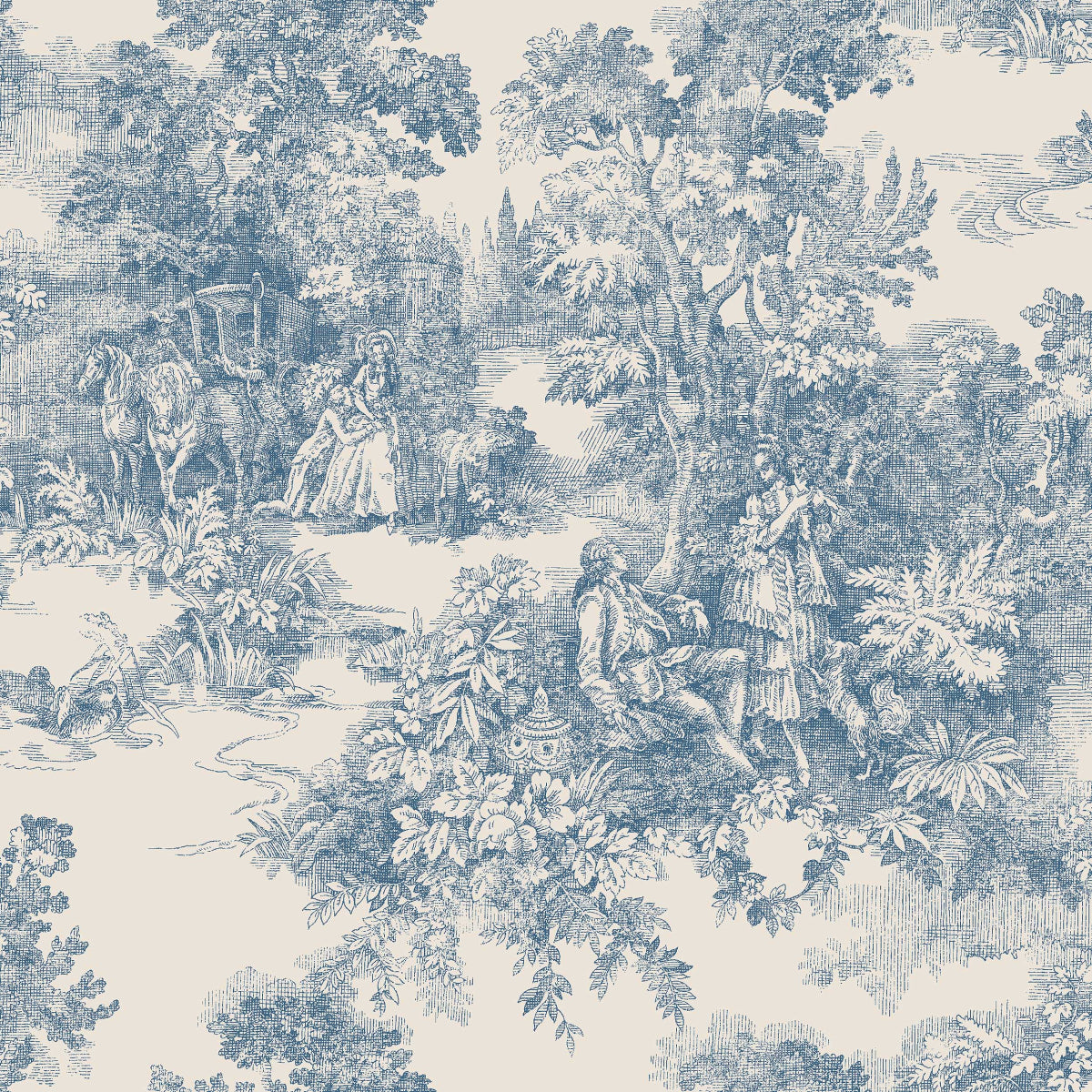 Boråstapeter Toile de Jouy — Adorn vliesbehang in blauw, sfeervolle woonkamer