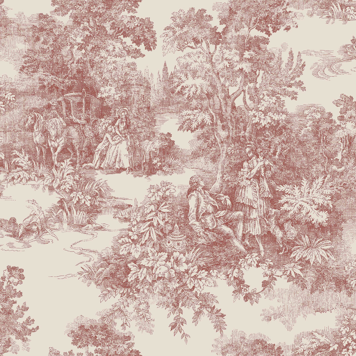 Boråstapeter Toile de Jouy — Adorn vliesbehang in rood, sfeervolle woonkamer