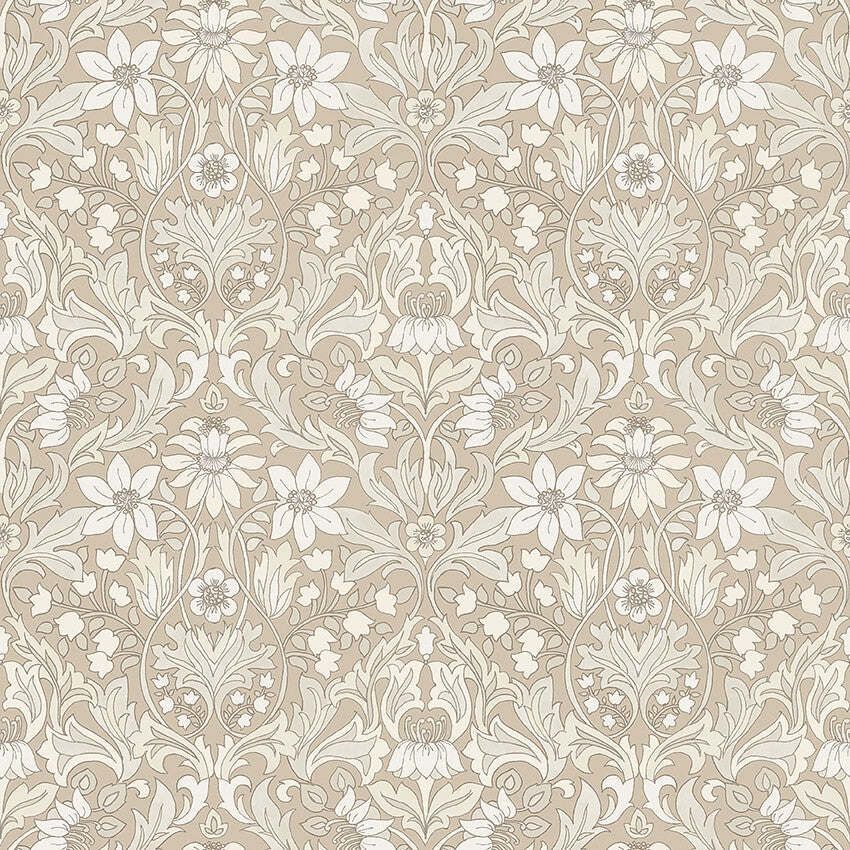Boråstapeter Blomsterfröjd — Timeless Traditions vliesbehang in beige, sfeervolle slaapkamer