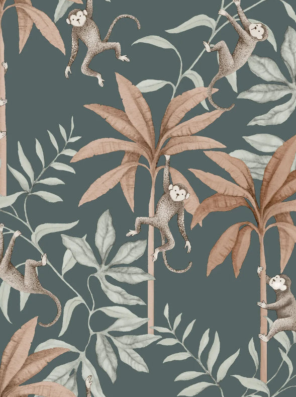 Boråstapeter Jungle Friends — Newbie Wallpaper vliesbehang in blauw, sfeervolle kinderkamer