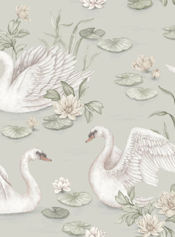 Boråstapeter Lily Swan — Newbie Wallpaper vliesbehang in groen, sfeervolle slaapkamer