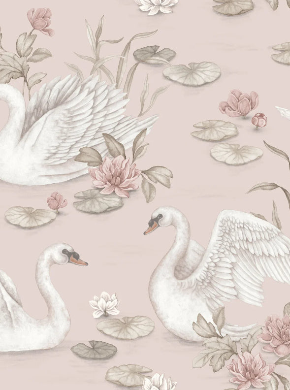 Boråstapeter Lily Swan — Newbie Wallpaper vliesbehang in roze, sfeervolle slaapkamer