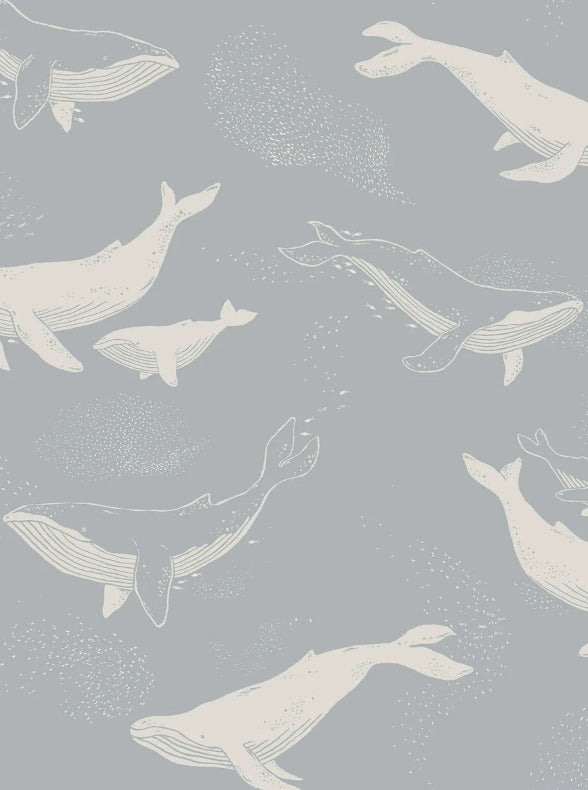 Boråstapeter Whales — Newbie Wallpaper vliesbehang in blauw, sfeervolle kinderkamer