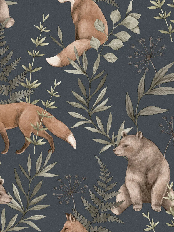 Boråstapeter Wild Forest — Newbie Wallpaper vliesbehang in blauw, sfeervolle kinderkamer