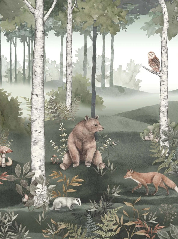 Boråstapeter Wild Forest Mural — Newbie Wallpaper vliesbehang in groen, sfeervolle kinderkamer