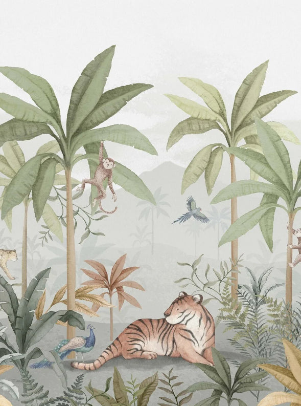 Boråstapeter Wild Jungle Mural — Newbie Wallpaper vliesbehang in groen, sfeervolle kinderkamer