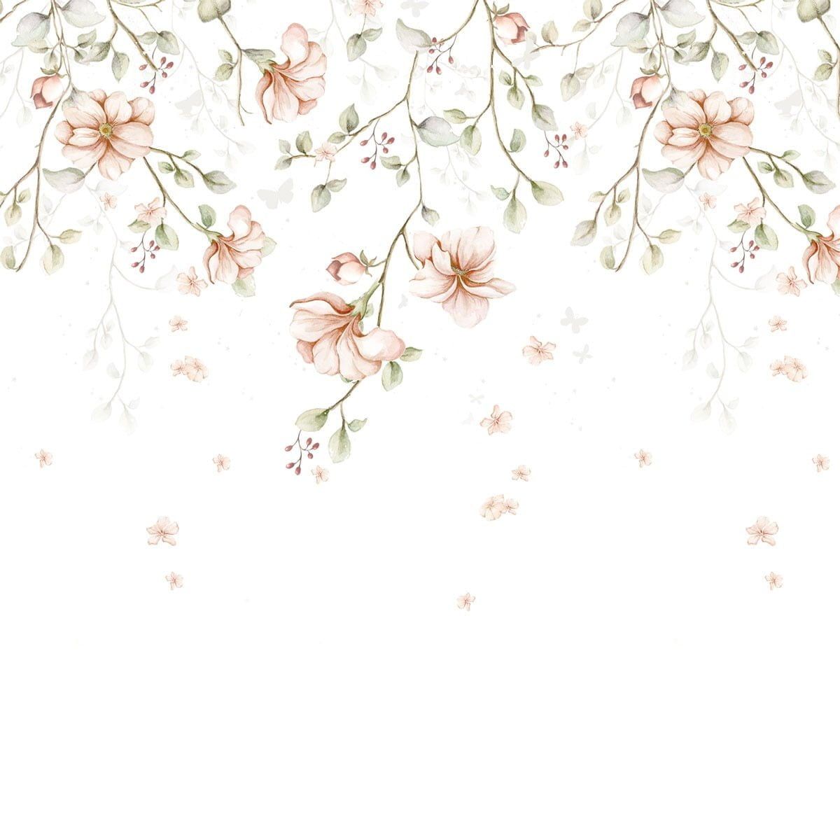 Dekornik Paradise Garden Pastel Twigs Mural — Een sfeervolle mural met paradijselijke tuinmotieven van twijgjes en bladeren in pastelkleuren, perfect voor een rustige, botanische kinderkamer. Detailopname van het patroon en de kleuren.