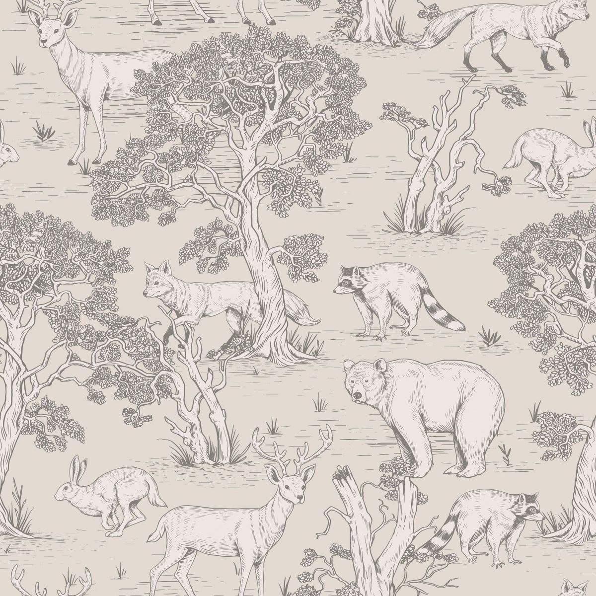 Dekornik Animals Natural Behang — Een natuurlijk behang met dierenvriendjes in aardse tinten, perfect voor een warme, rustige kinderkamer.