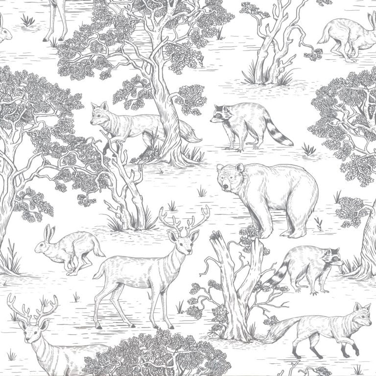 Dekornik Behang Animals White — Een speels behang met schattige dierenvriendjes — konijntjes, beertjes en vogeltjes — getekend in zachte lijnen op een witte achtergrond, perfect voor een vrolijke, lichte kinderkamer. Close-up van de illustraties en texturen.