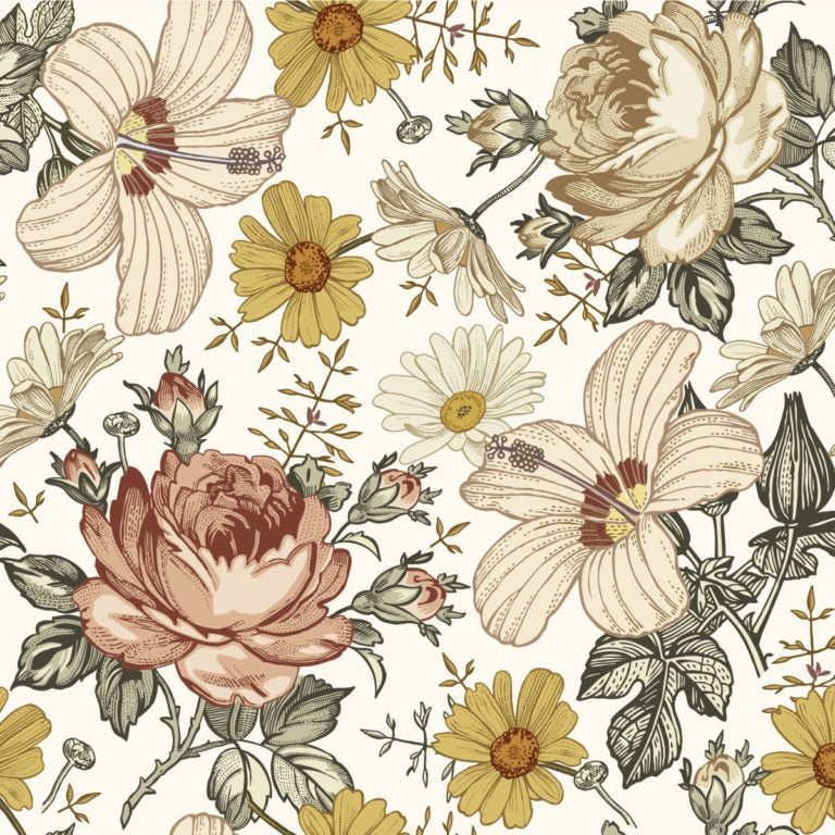 Dekornik Behang Australian Summer — Een zonnig behang met Australische zomerse motieven — palmbladeren, tropische planten en speelse diertjes — in warme tinten, perfect voor een vrolijke, zomerse kinderkamer. Close-up van de illustraties en texturen.