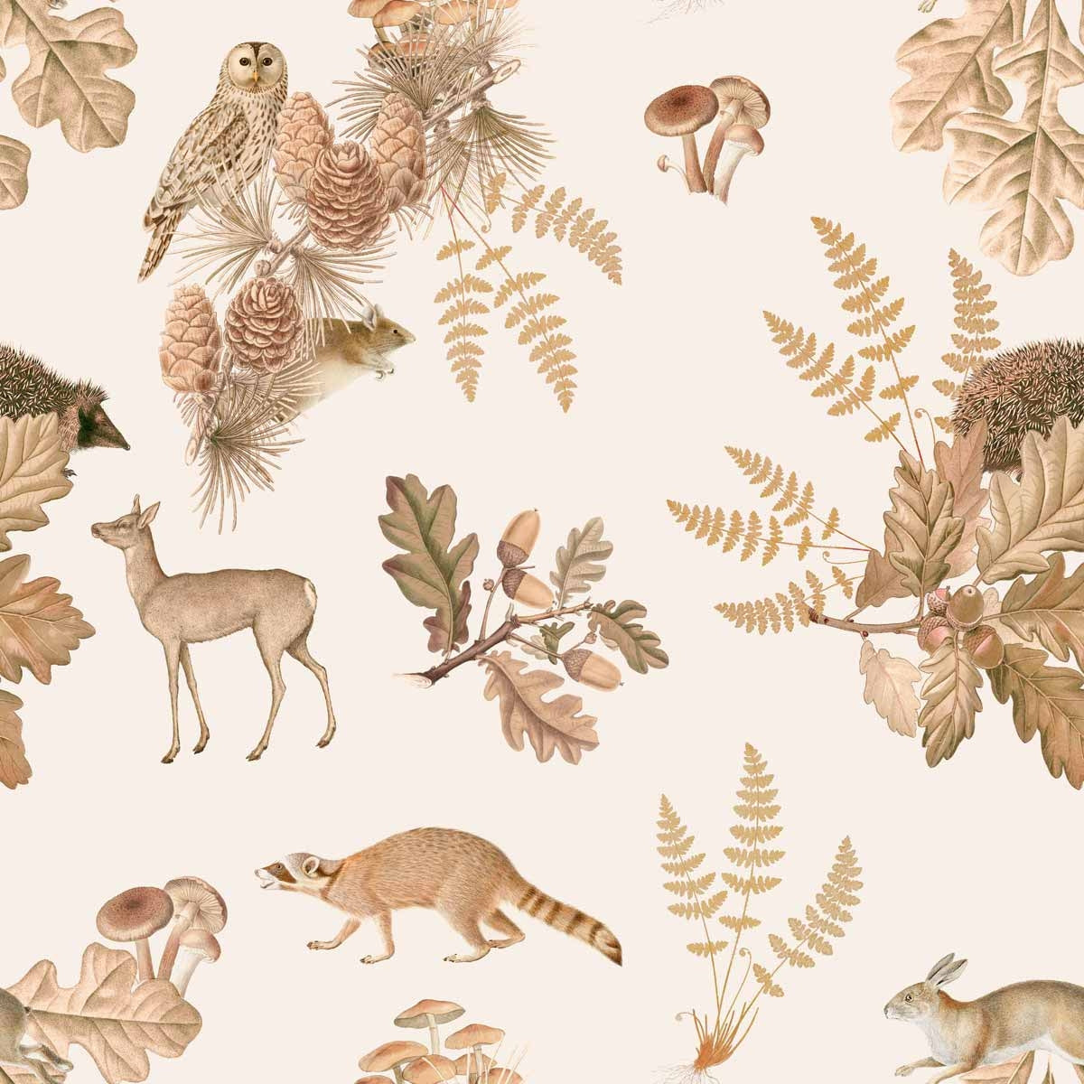 Dekornik Autumn Forest With Animals Behang — Een warm behang met een herfstbos vol bladeren en dierenvriendjes, perfect voor een knusse, natuurlijke kinderkamer. Close-up van de illustraties en texturen.