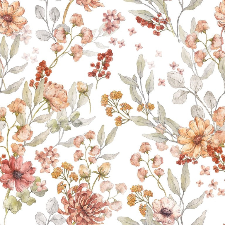 Dekornik Behang Autumn Meadow White — Een licht behang met een herfstig weidemotief van grassprieten, bladeren en kleine diertjes op een witte achtergrond, perfect voor een rustige, natuurlijke kinderkamer. Close-up van de illustraties en texturen.