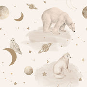 Dekornik Bears Universe Behang — Een dromerig behang met beertjes die door een sterrenhemel zweven, perfect voor een speelse, kosmische kinderkamer.