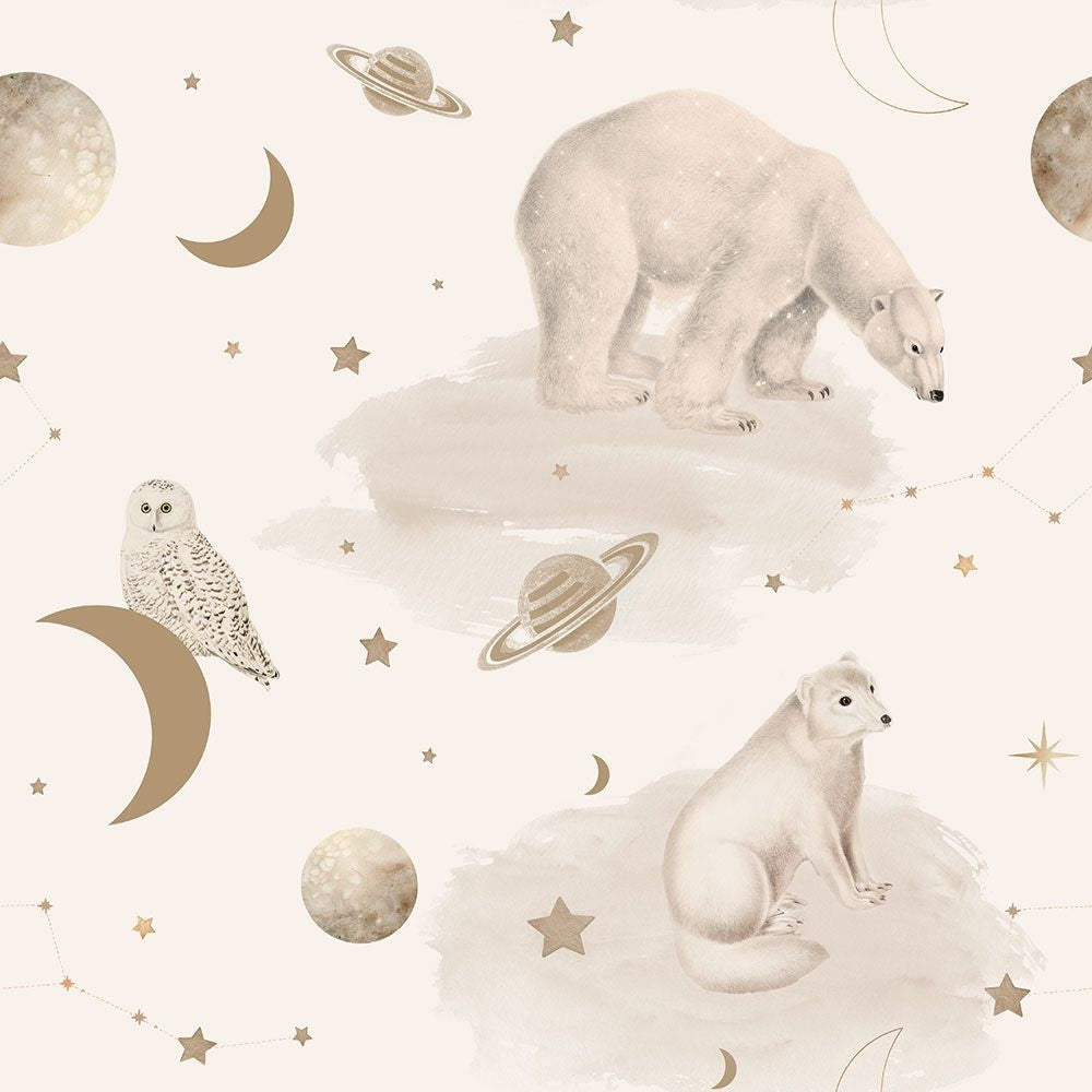 Dekornik Bears Universe Behang — Een dromerig behang met beertjes die door een sterrenhemel zweven, perfect voor een speelse, kosmische kinderkamer.