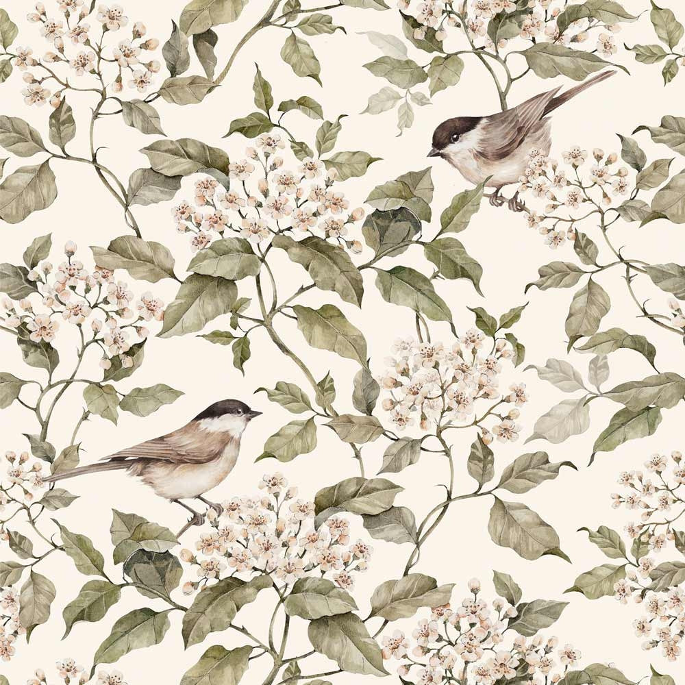 Dekornik Birds And Beige Spring Behang — Een zacht behang met vogeltjes tussen lentebloesem op een warme beige achtergrond, perfect voor een rustige, lichte kinderkamer. Sfeerbeeld van het behang in een ingerichte kinderkamer.