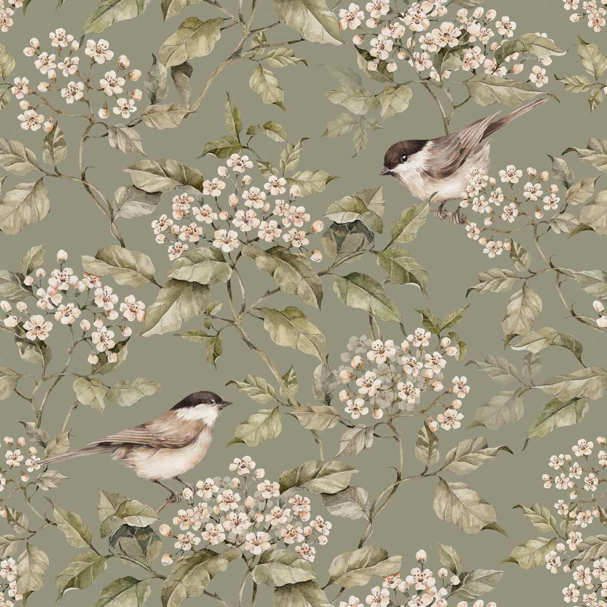 Dekornik Birds And Green Spring Behang — Een frisse behang met vogeltjes tussen lentebloesem in groene tinten, perfect voor een vrolijke, lichte kinderkamer. Close-up van de illustraties en texturen.