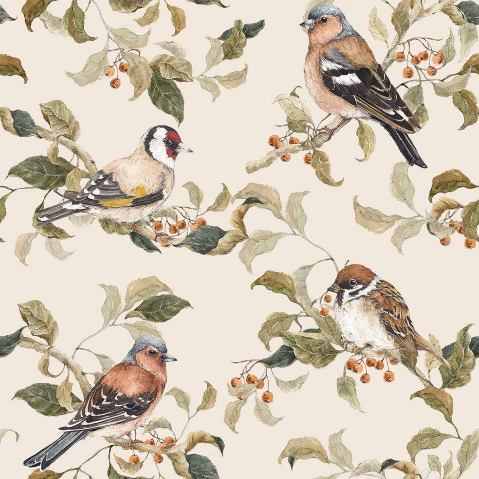 Dekornik Birds Autumn Behang — Een warm behang met vogeltjes tussen herfstbladeren, perfect voor een knusse, natuurlijke kinderkamer.