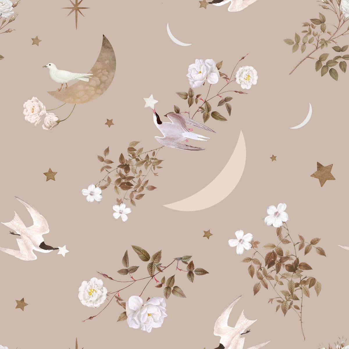 Dekornik Birds In The Night Sky — Een dromerig behang met vogeltjes die door een sterrenhemel vliegen, in diepe blauwtinten, perfect voor een rustgevende nachtelijke kinderkamer. Close-up van de illustraties en texturen.