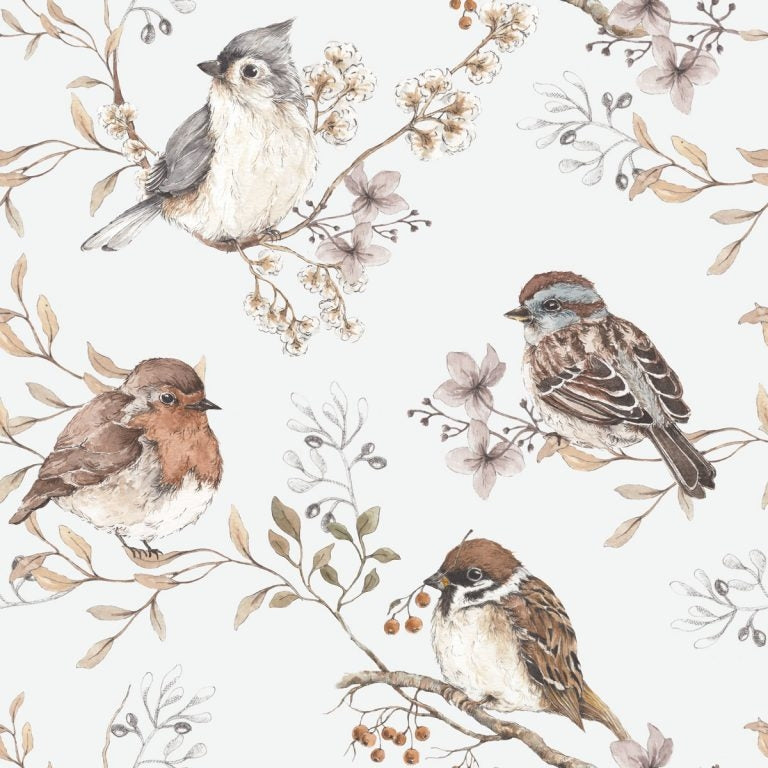 Dekornik Birds White-grey Behang — Een subtiel behang met vogeltjes en takjes in wit en grijs, perfect voor een rustige, tijdloze kinderkamer. Close-up van de illustraties en texturen.